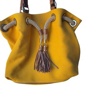 MK Michael Kors Marina large canvas Tote Bag with Brown Tassel Accents